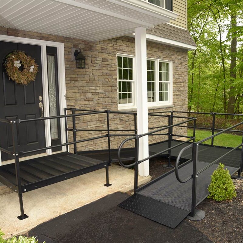 home exterior with wheelchair ramp in black