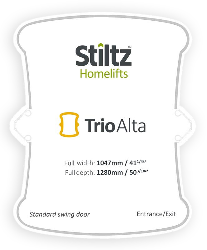 Stiltz Homelifts, Trio Alta full width: 1047mm/41 1/4", full depth: 1280 mm/50 3/8"